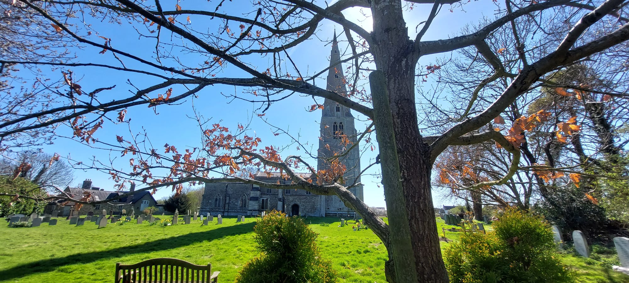 Spaldwick Church viewed across a green field under a blue sky from behind a tree