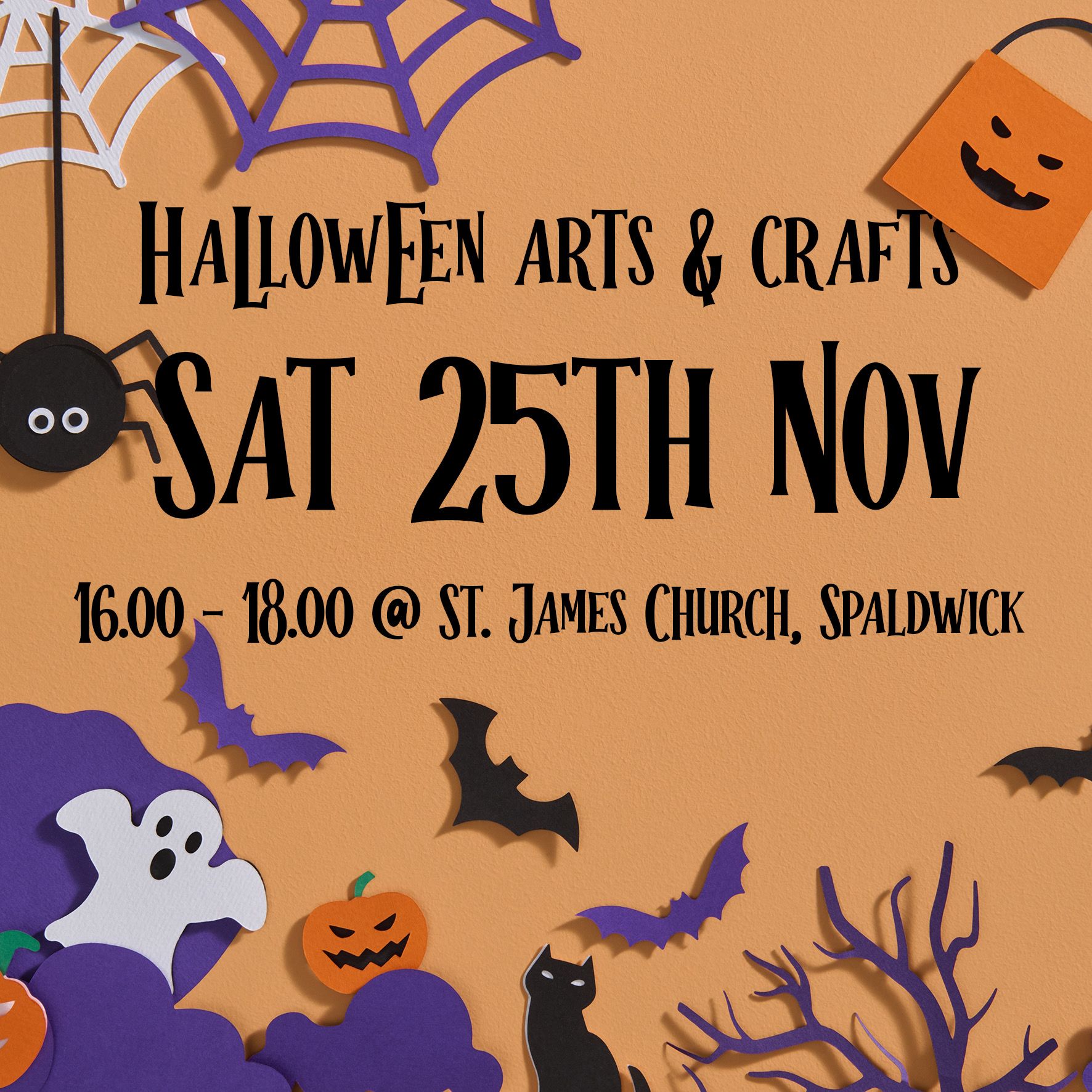 Poster promoting a halloween themed arts and crafts event on 25th November